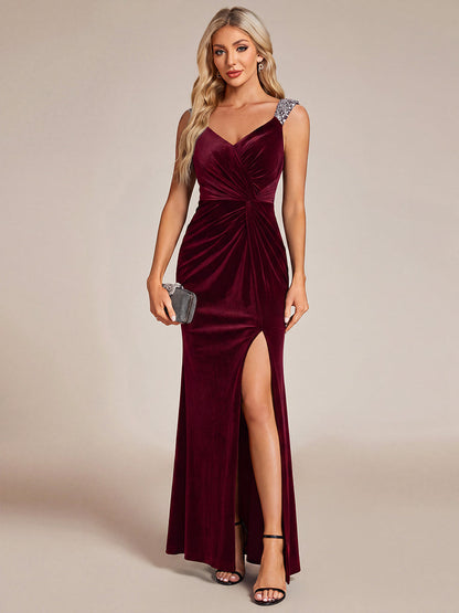 Sequin Velvet Sleeveless Evening Dress — Burgundy