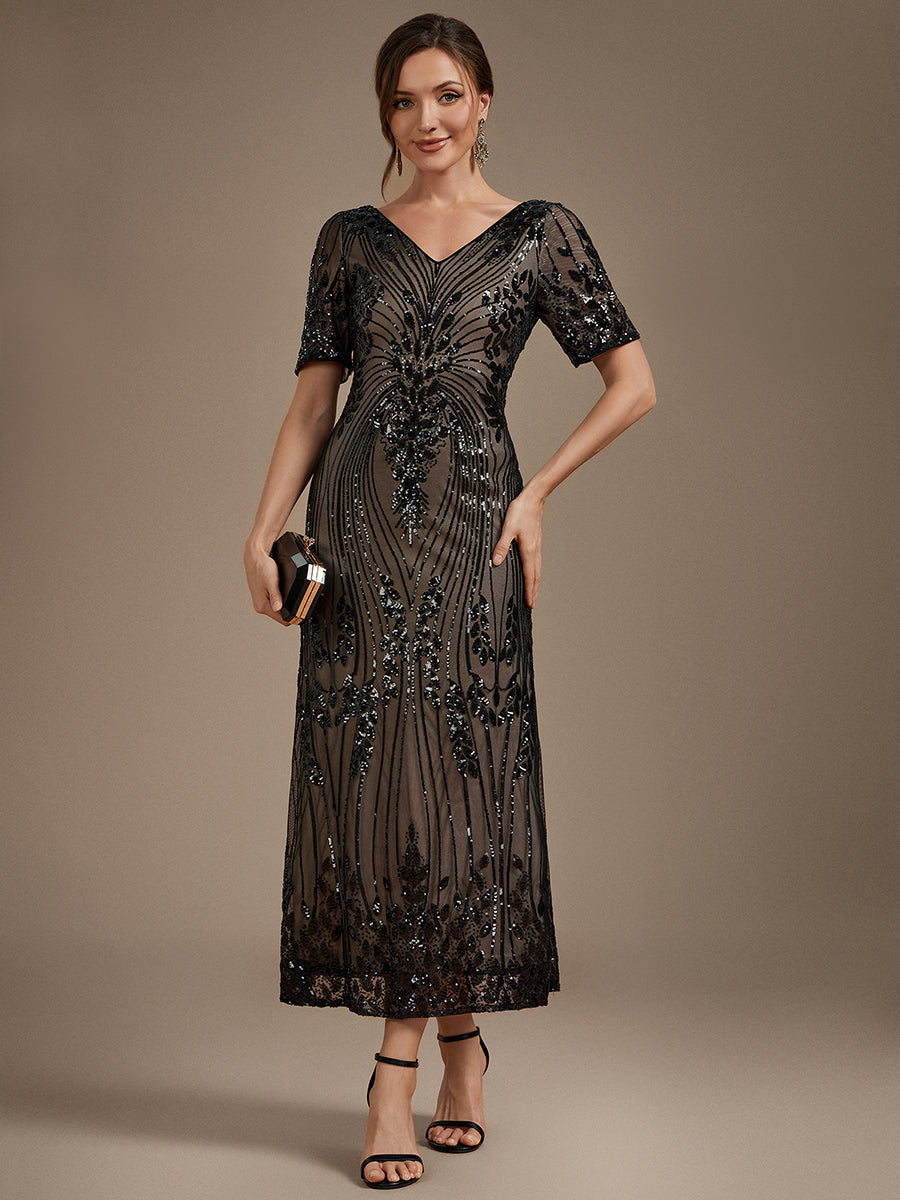Sequin Fitted Sleeves Mermaid Wedding Guest Dress — Black