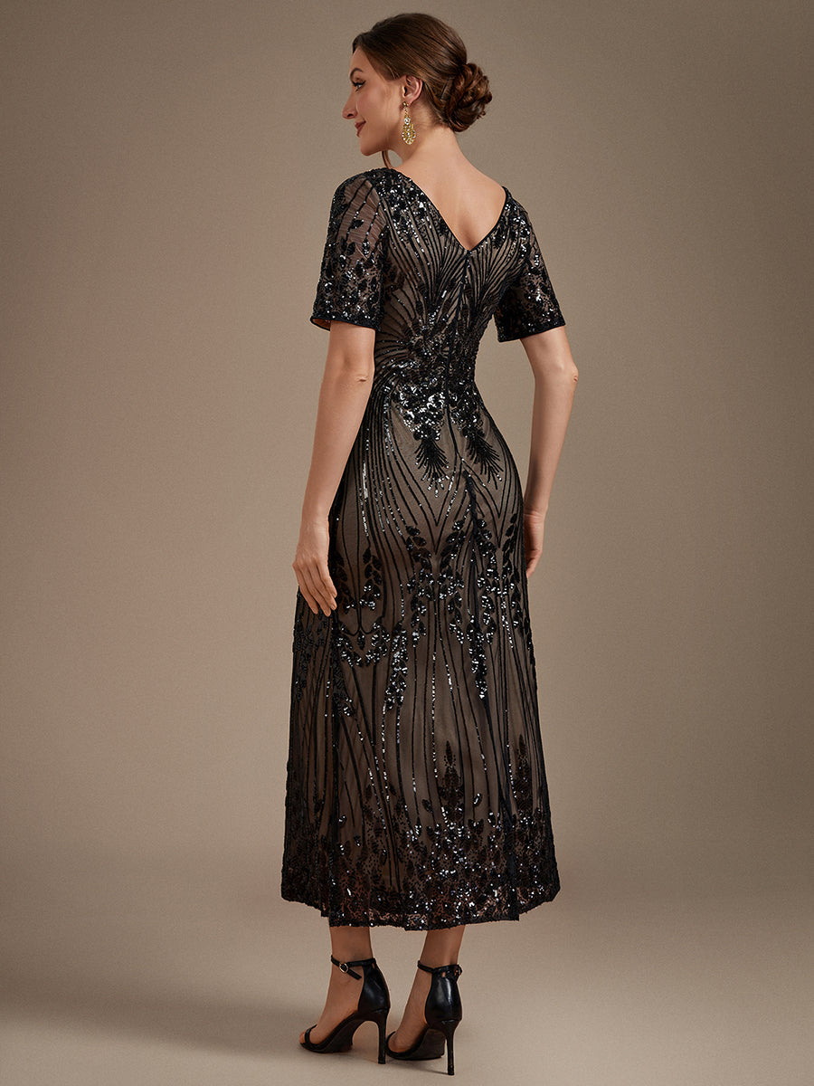 Sequin Fitted Sleeves Mermaid Wedding Guest Dress