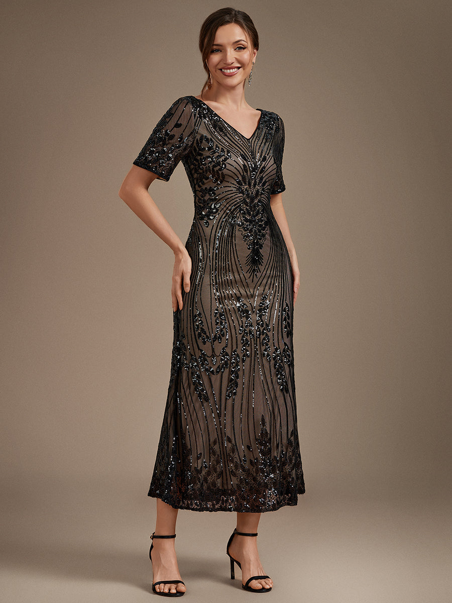 Sequin Fitted Sleeves Mermaid Wedding Guest Dress