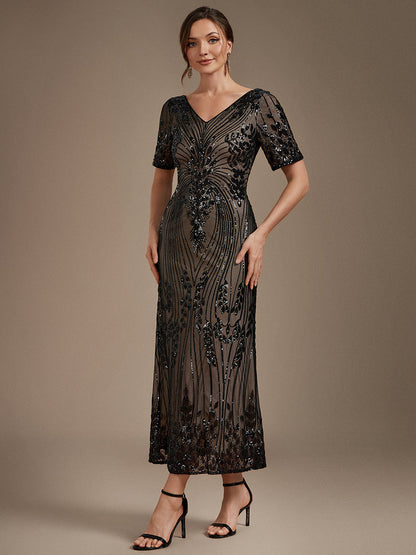 Sequin Fitted Sleeves Mermaid Wedding Guest Dress