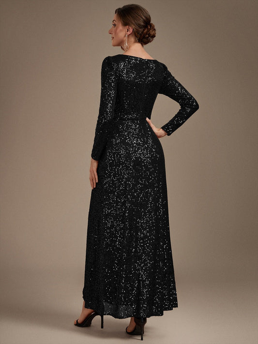 Sequin Fitted Long Sleeve Sheath Evening Dress
