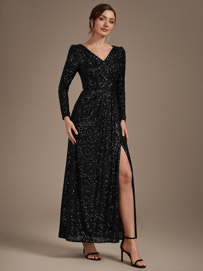 Sequin Fitted Long Sleeve Sheath Evening Dress