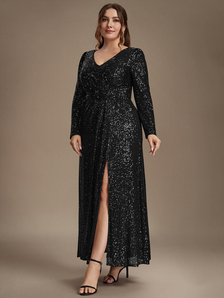 Sequin Fitted Long Sleeve Sheath Evening Dress