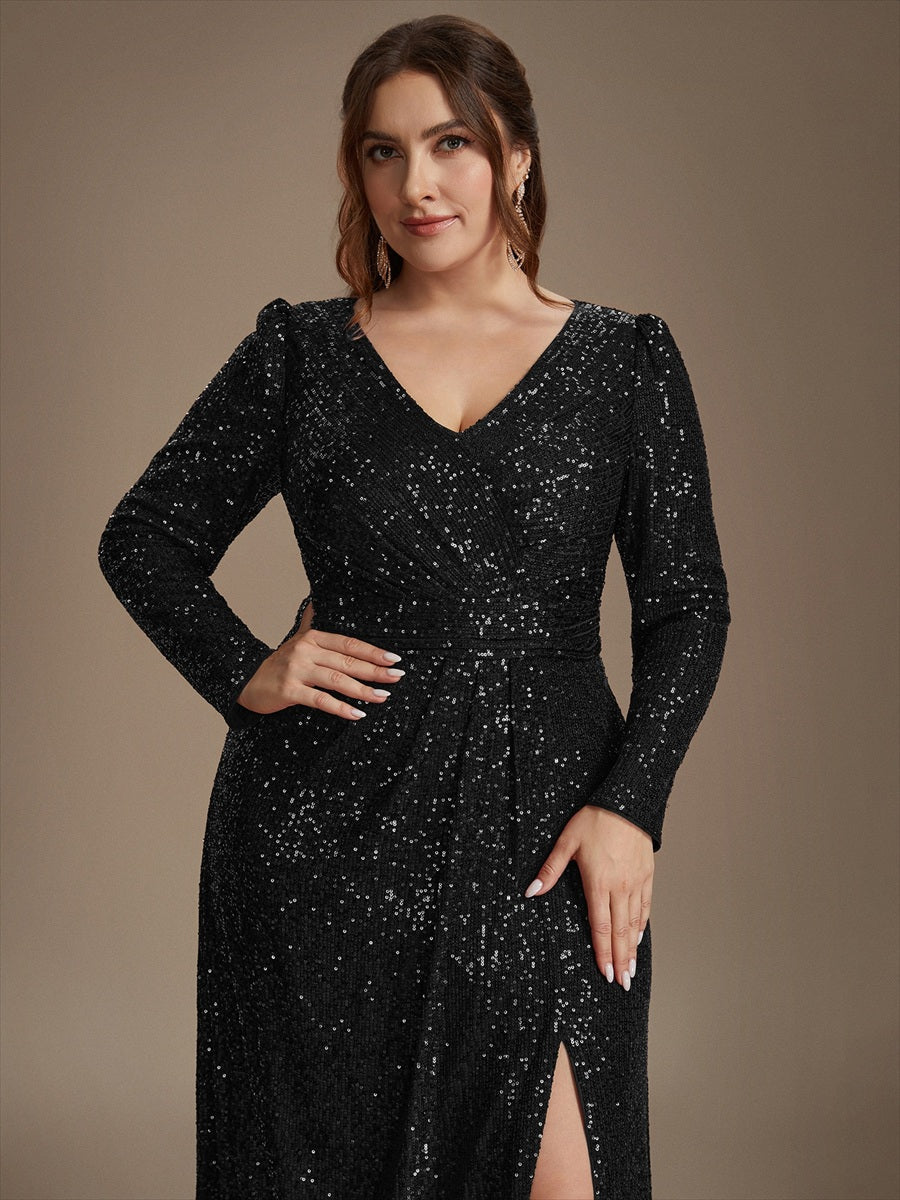 Sequin Fitted Long Sleeve Sheath Evening Dress
