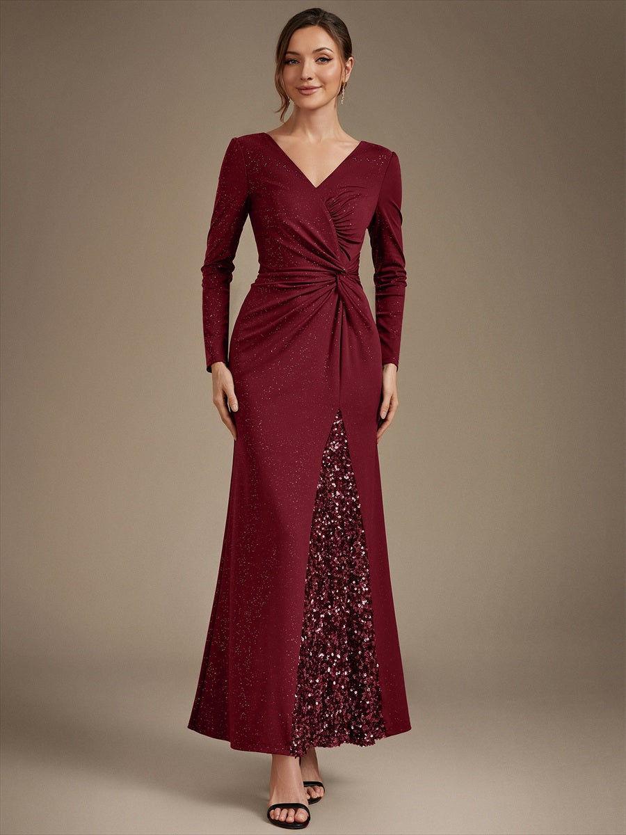 Sequin Knit Long Sleeve Evening Dress — Burgundy