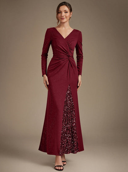 Sequin Knit Long Sleeve Evening Dress — Burgundy