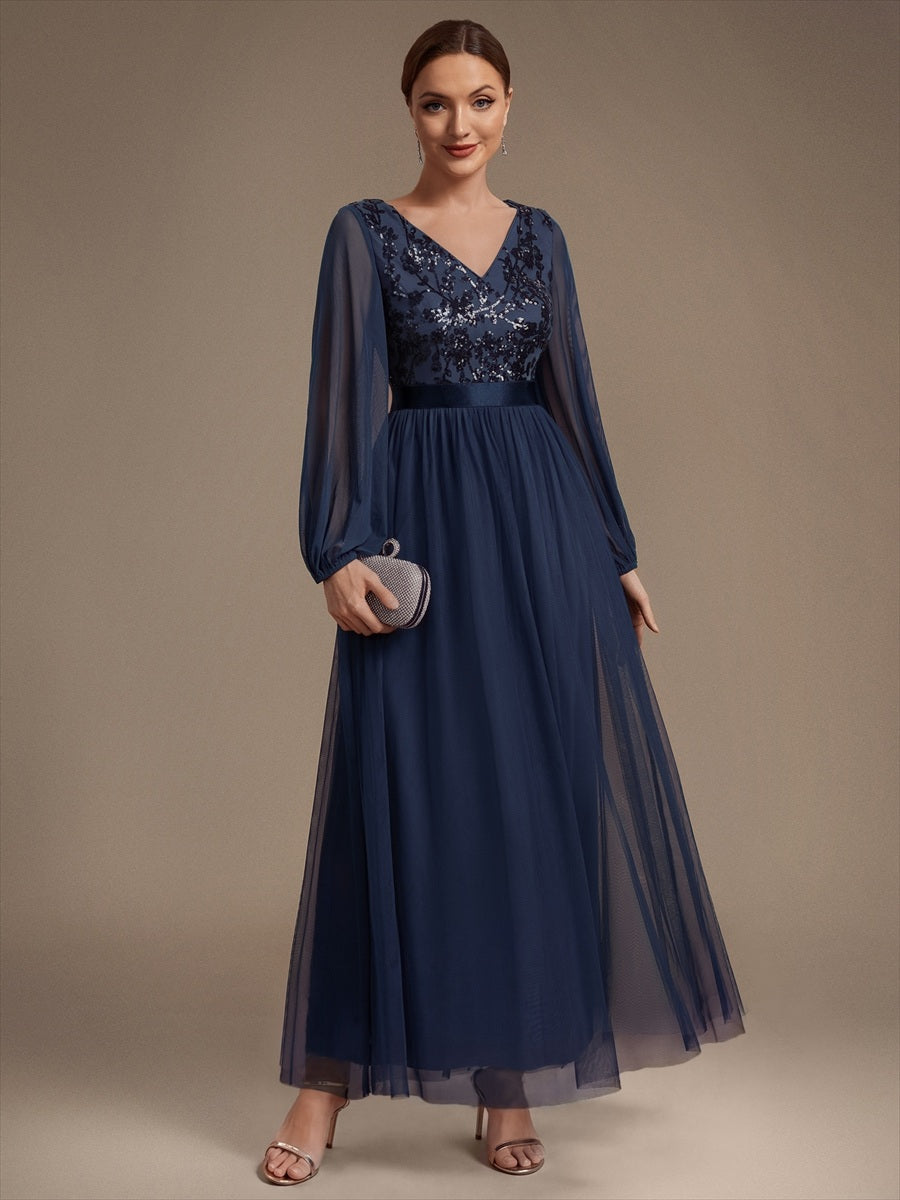 Sequin Puff Long Sleeve Evening Dress — Navy Blue