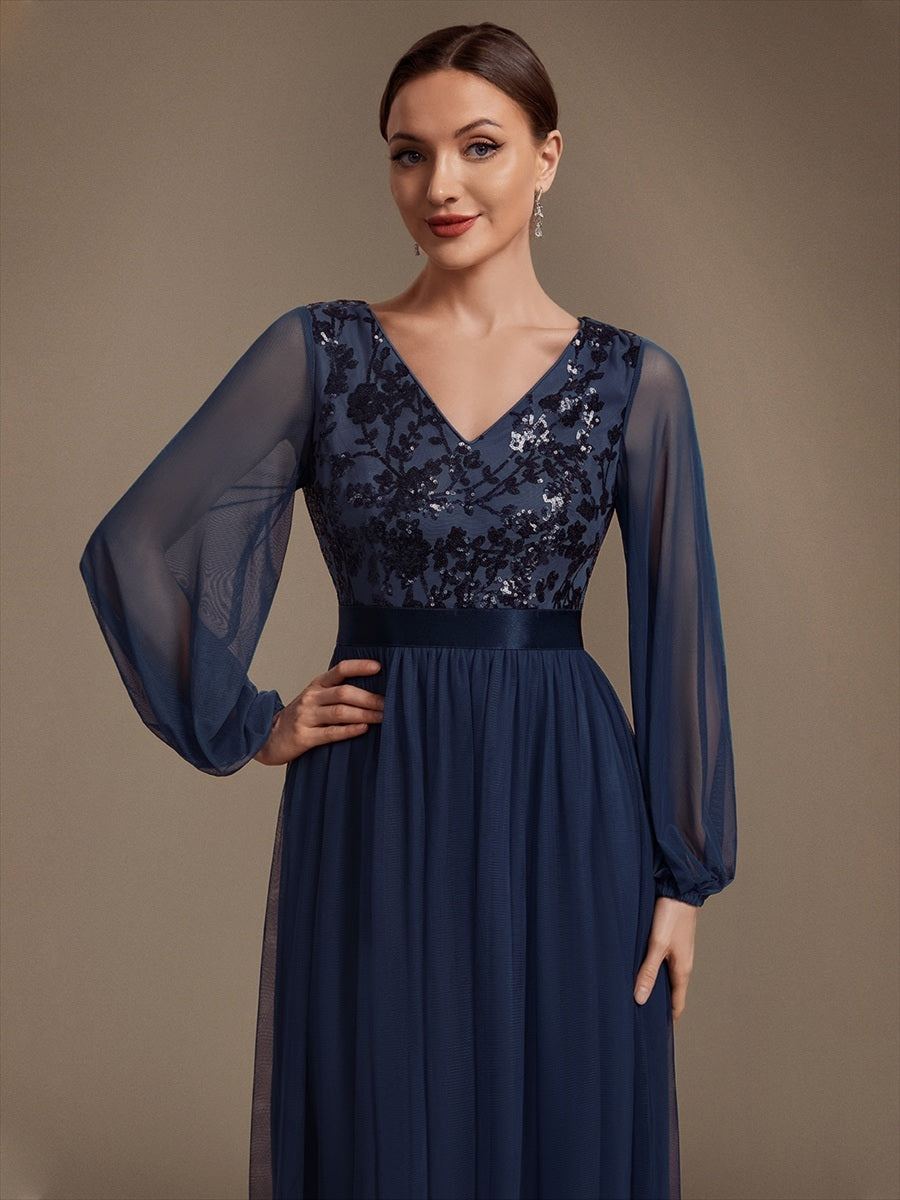 Sequin Puff Long Sleeve Evening Dress