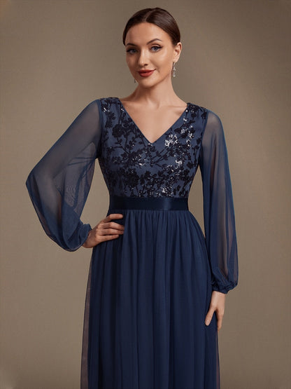 Sequin Puff Long Sleeve Evening Dress
