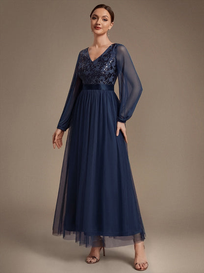 Sequin Puff Long Sleeve Evening Dress