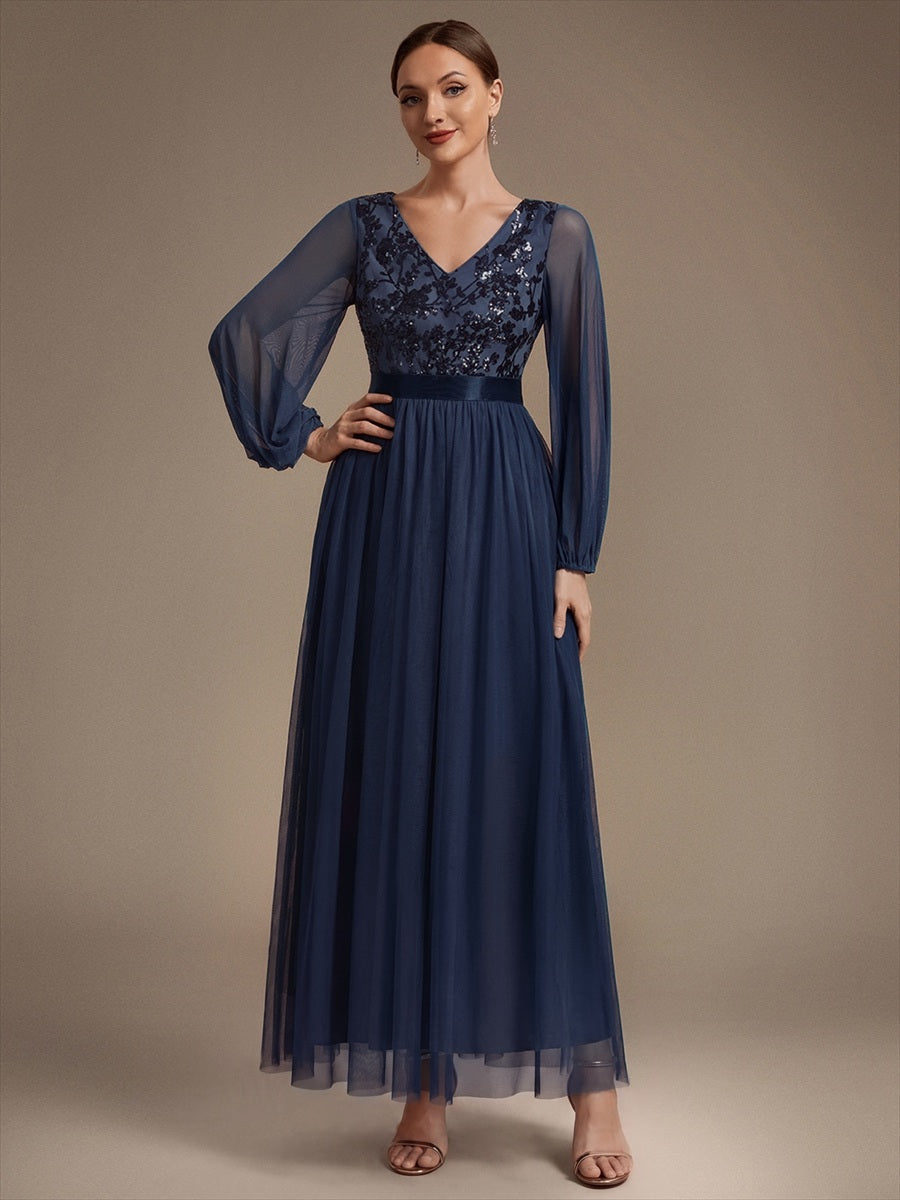 Sequin Puff Long Sleeve Evening Dress