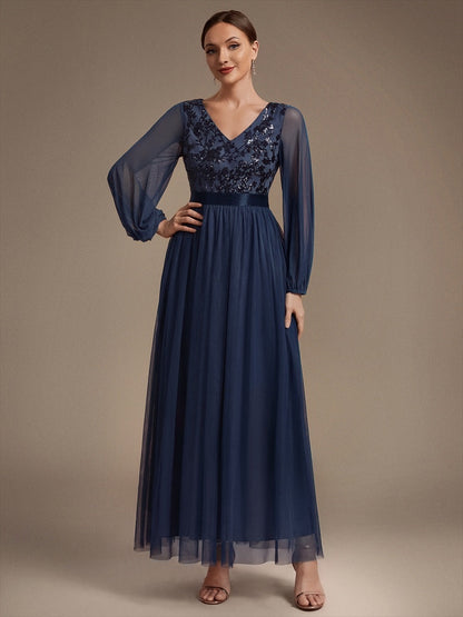 Sequin Puff Long Sleeve Evening Dress