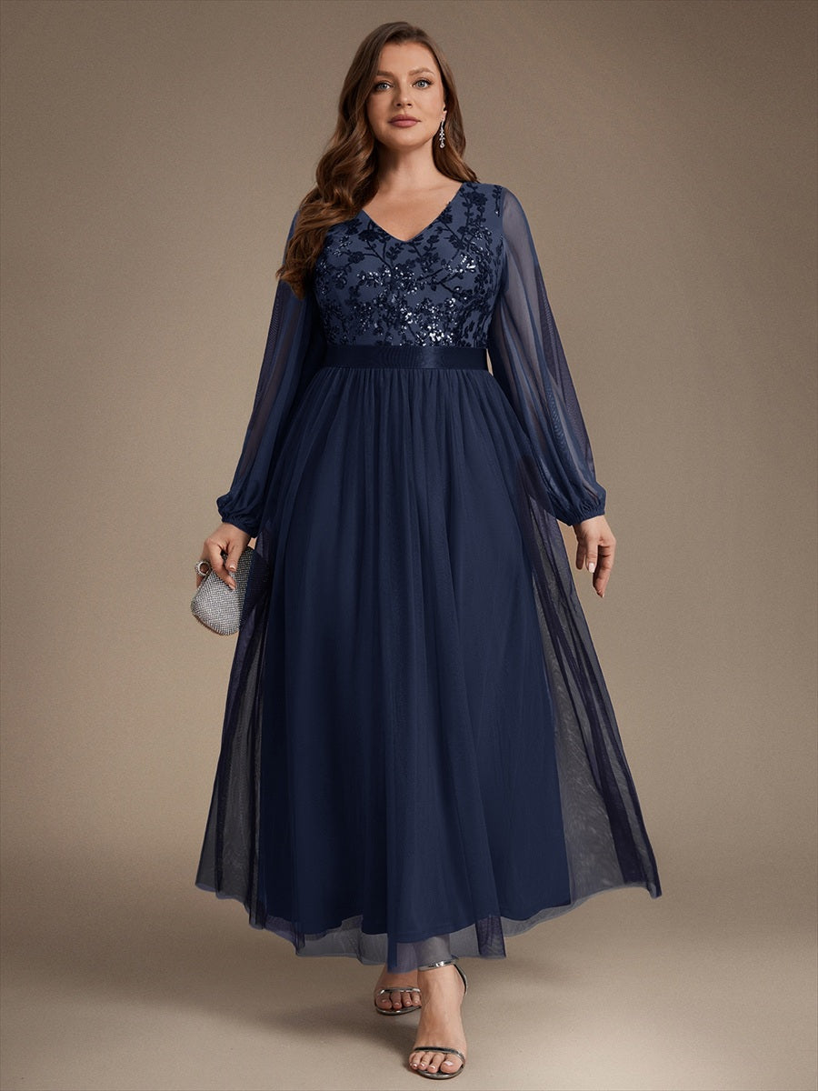 Sequin Puff Long Sleeve Evening Dress
