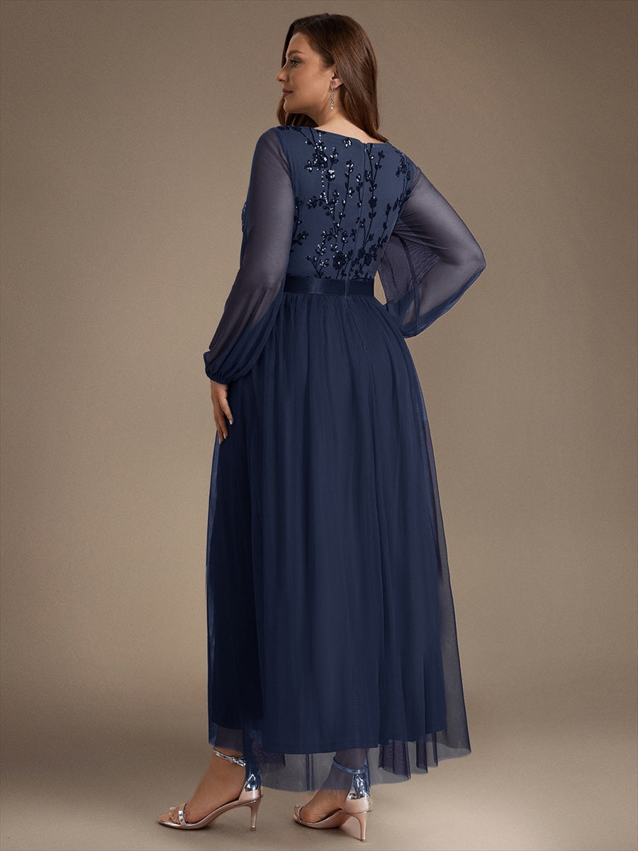 Sequin Puff Long Sleeve Evening Dress