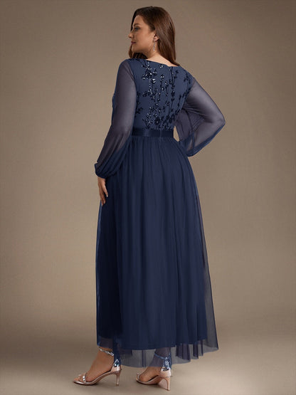 Sequin Puff Long Sleeve Evening Dress