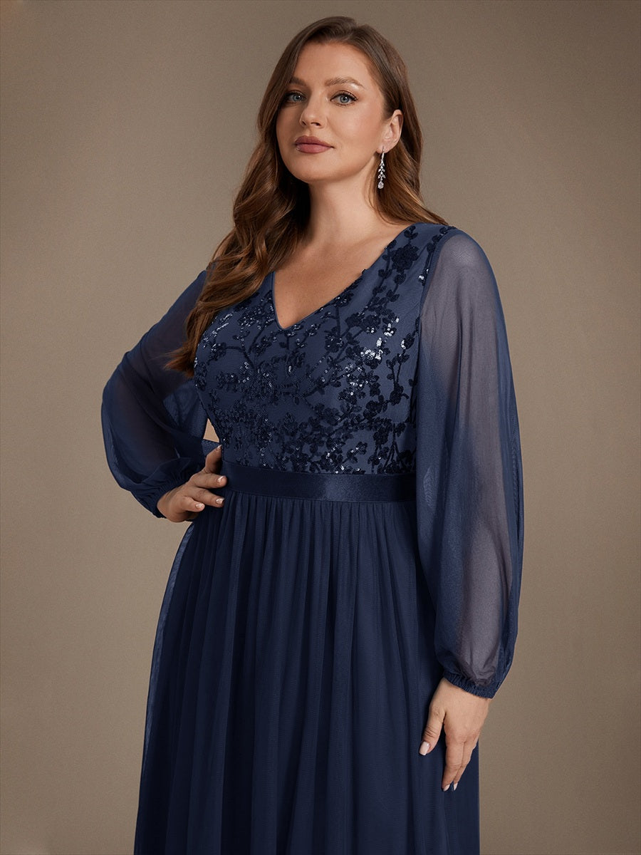 Sequin Puff Long Sleeve Evening Dress