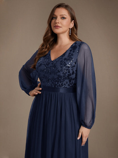 Sequin Puff Long Sleeve Evening Dress