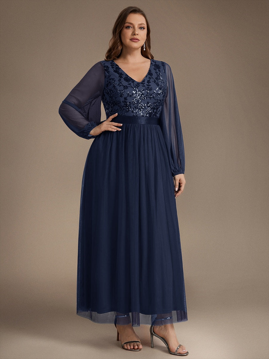 Sequin Puff Long Sleeve Evening Dress