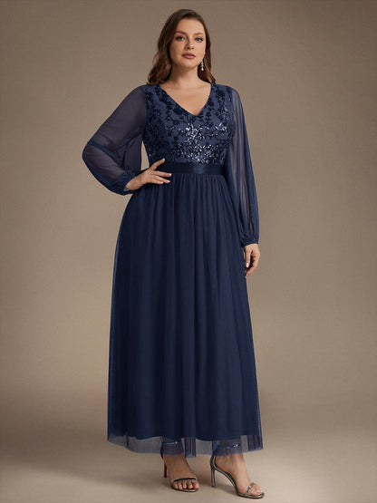 Sequin Puff Long Sleeve Evening Dress