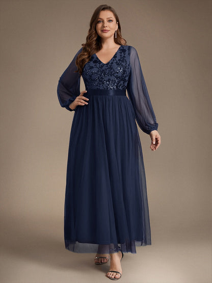 Sequin Puff Long Sleeve Evening Dress
