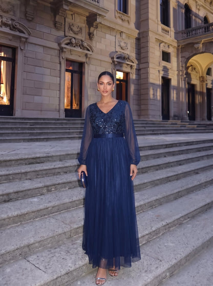Sequin Puff Long Sleeve Evening Dress