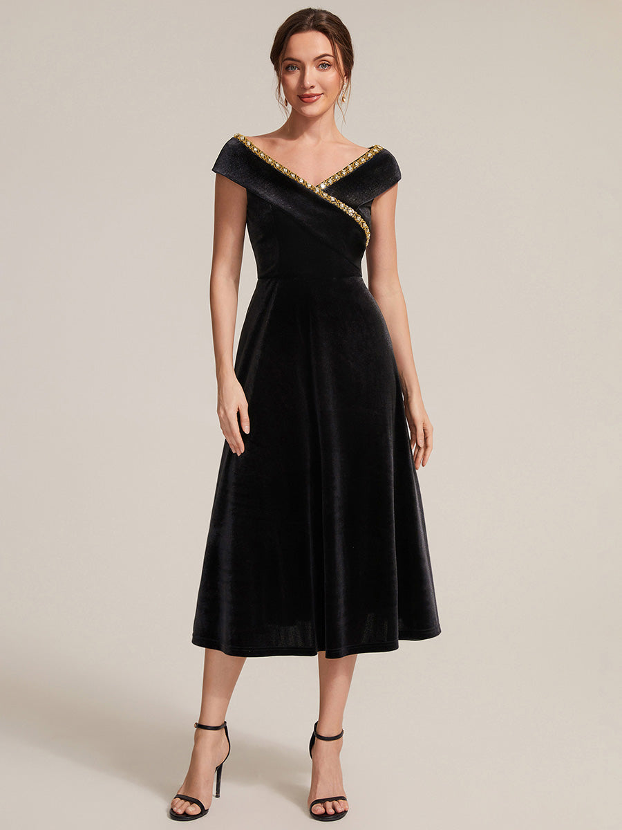 Velvet Cap Sleeve A-Line Wedding Guest Dress — Black