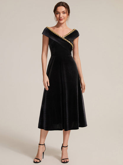 Velvet Cap Sleeve A-Line Wedding Guest Dress — Black
