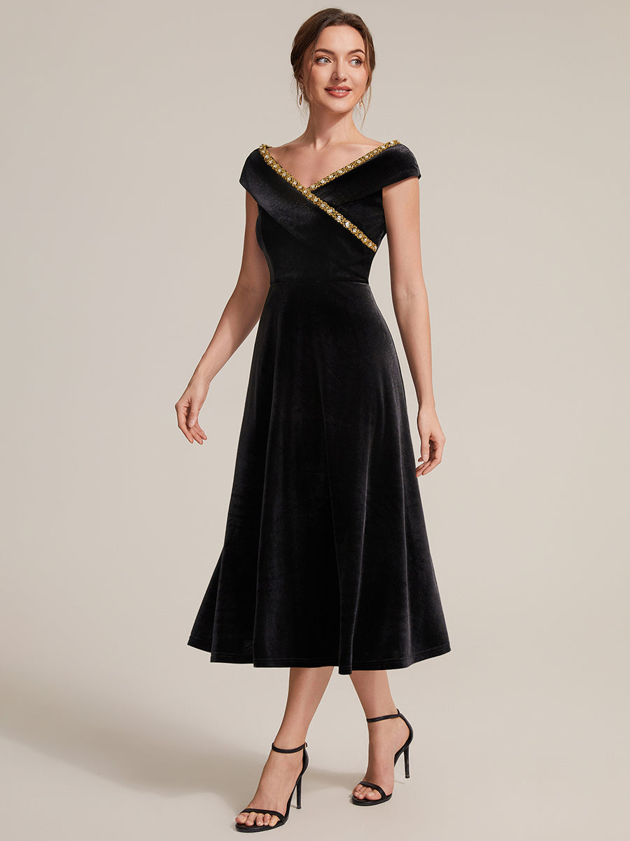 Velvet Cap Sleeve A-Line Wedding Guest Dress