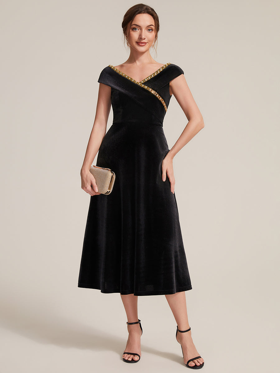 Velvet Cap Sleeve A-Line Wedding Guest Dress