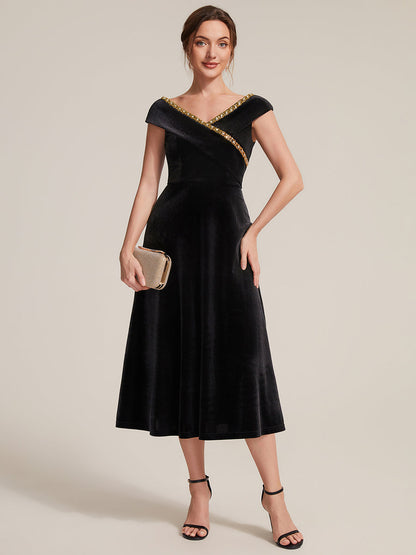 Velvet Cap Sleeve A-Line Wedding Guest Dress