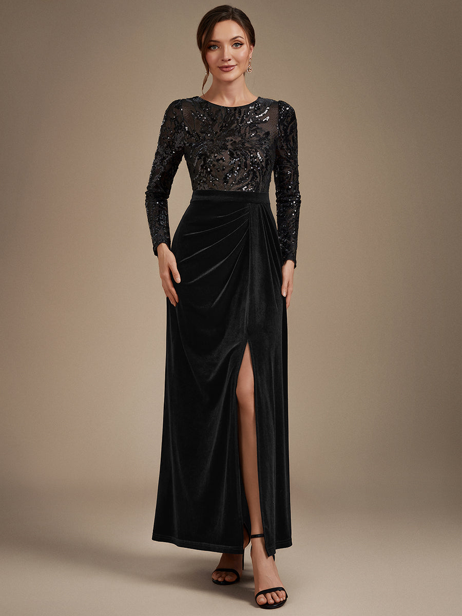 Velvet See-through Fitted Sleeves Evening Dress — Black