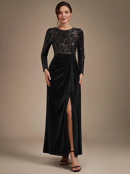 Velvet See-through Fitted Sleeves Evening Dress — Black