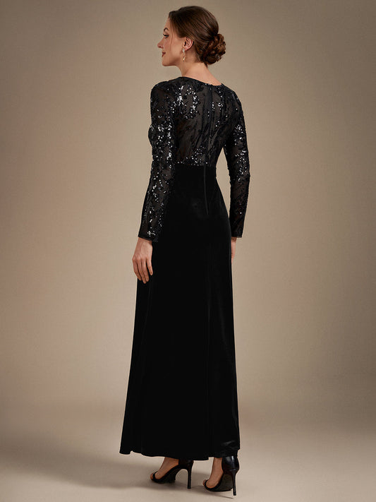 Velvet See-through Fitted Sleeves Evening Dress