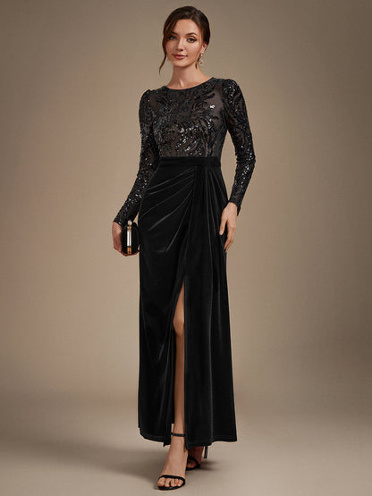 Velvet See-through Fitted Sleeves Evening Dress