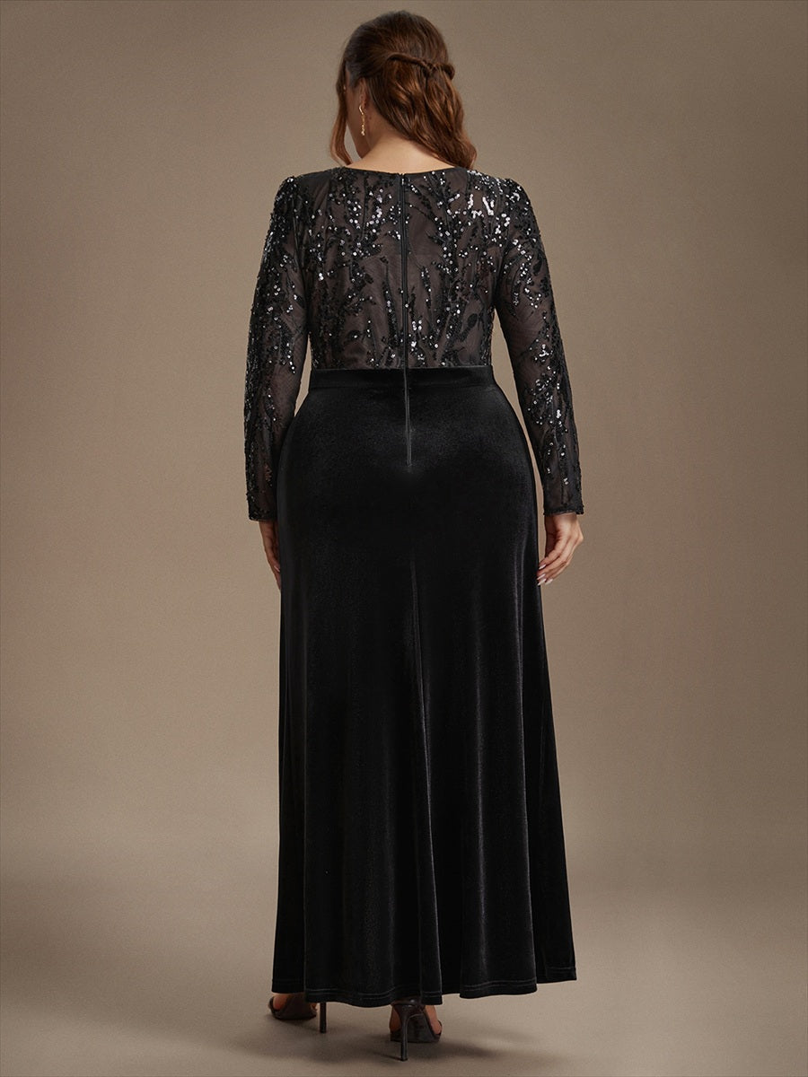 Velvet See-through Fitted Sleeves Evening Dress