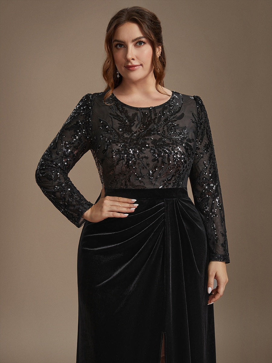 Velvet See-through Fitted Sleeves Evening Dress