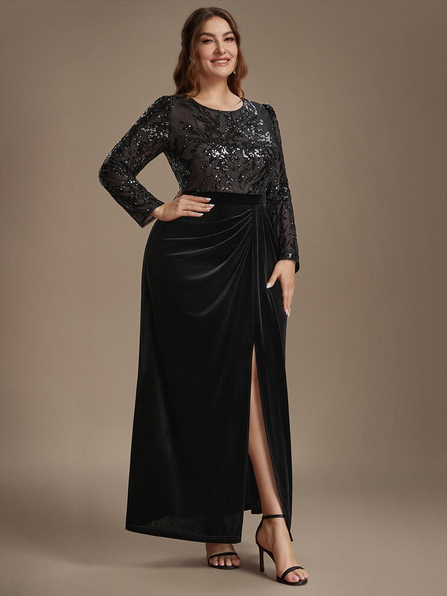 Velvet See-through Fitted Sleeves Evening Dress