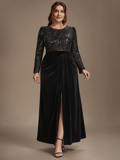 Velvet See-through Fitted Sleeves Evening Dress