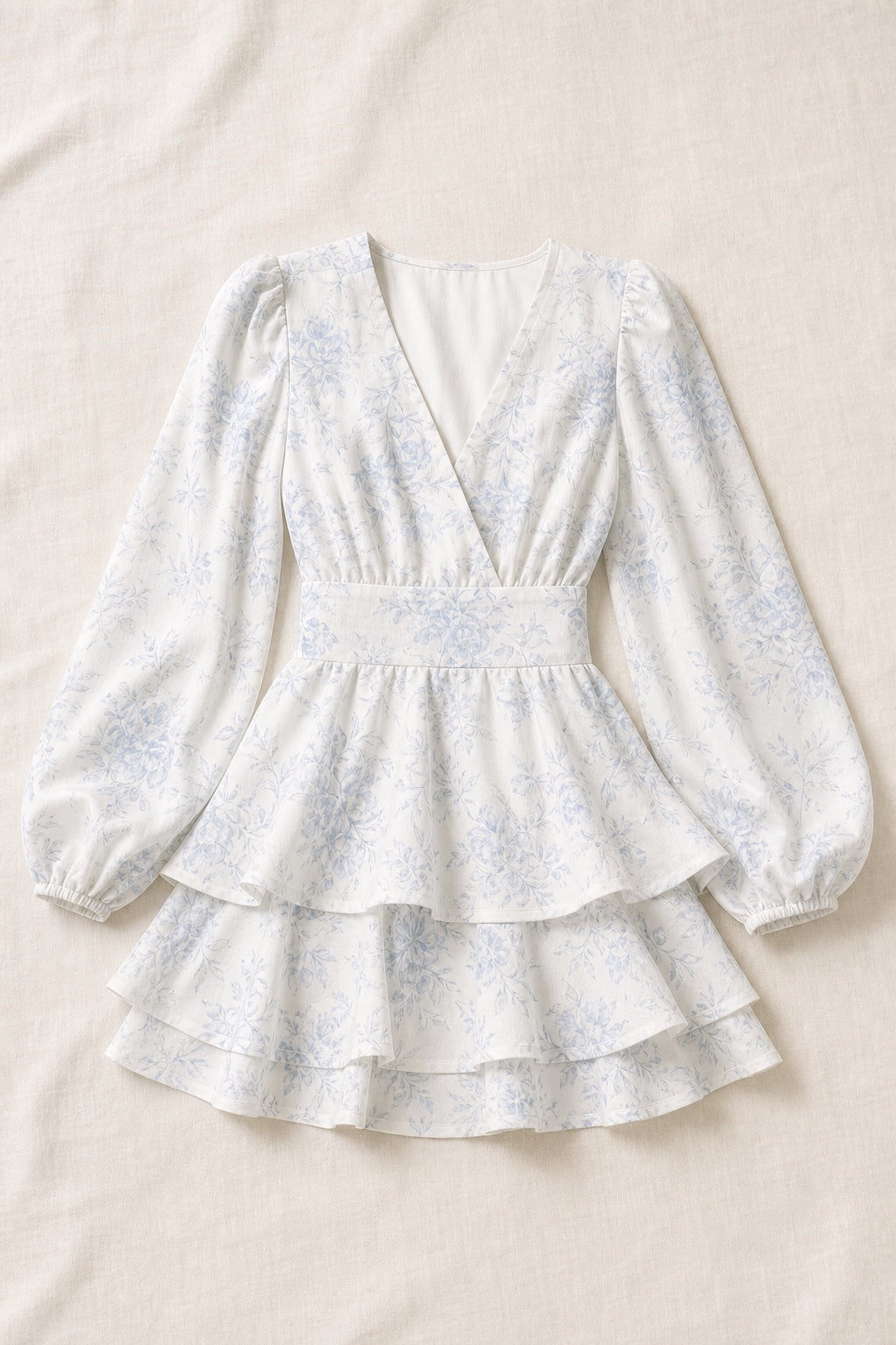 Madison ivory floral balloon-sleeve ruffle mini dress - flat-lay detail