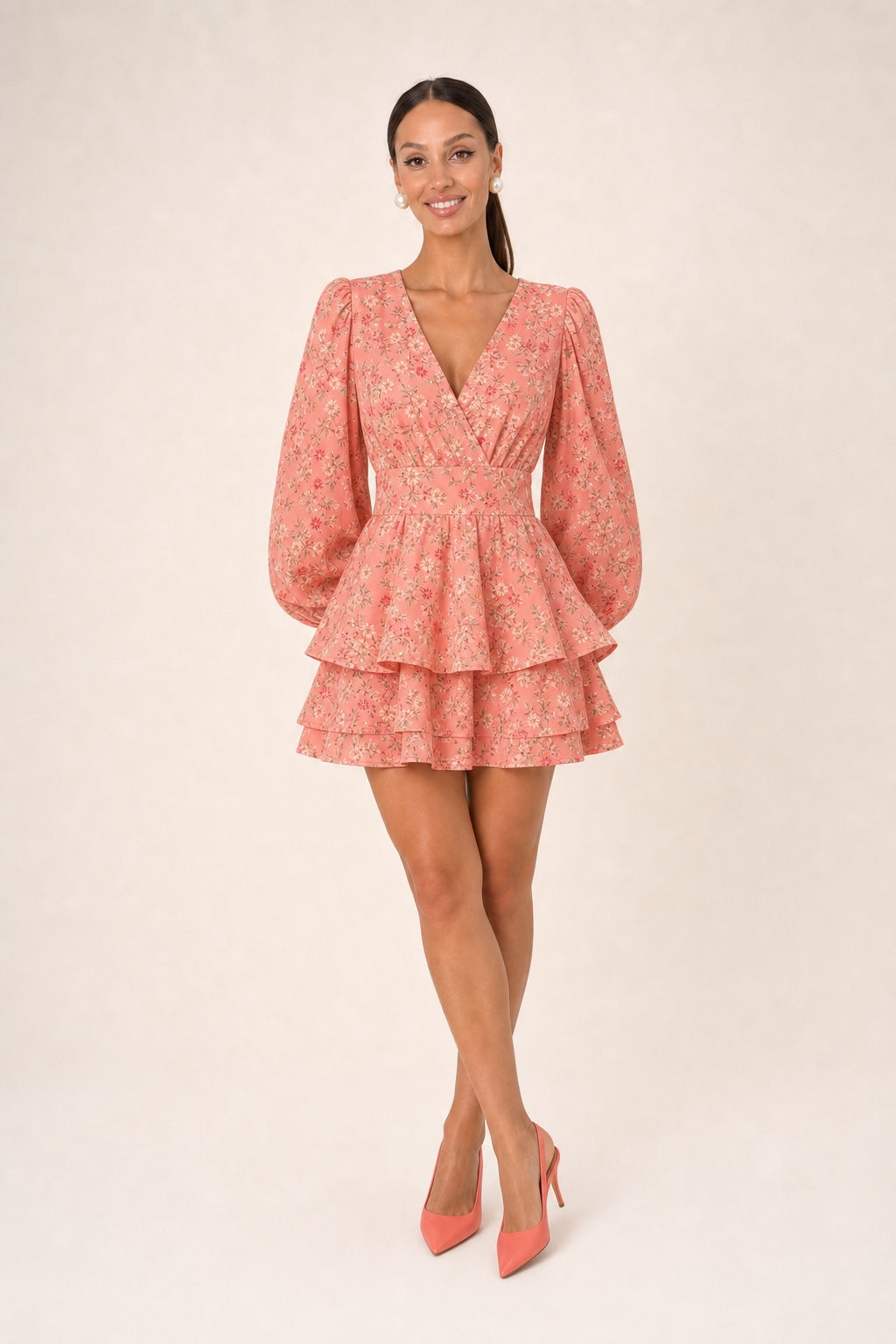 Madison floral balloon-sleeve ruffle mini dress in Coral - variant view