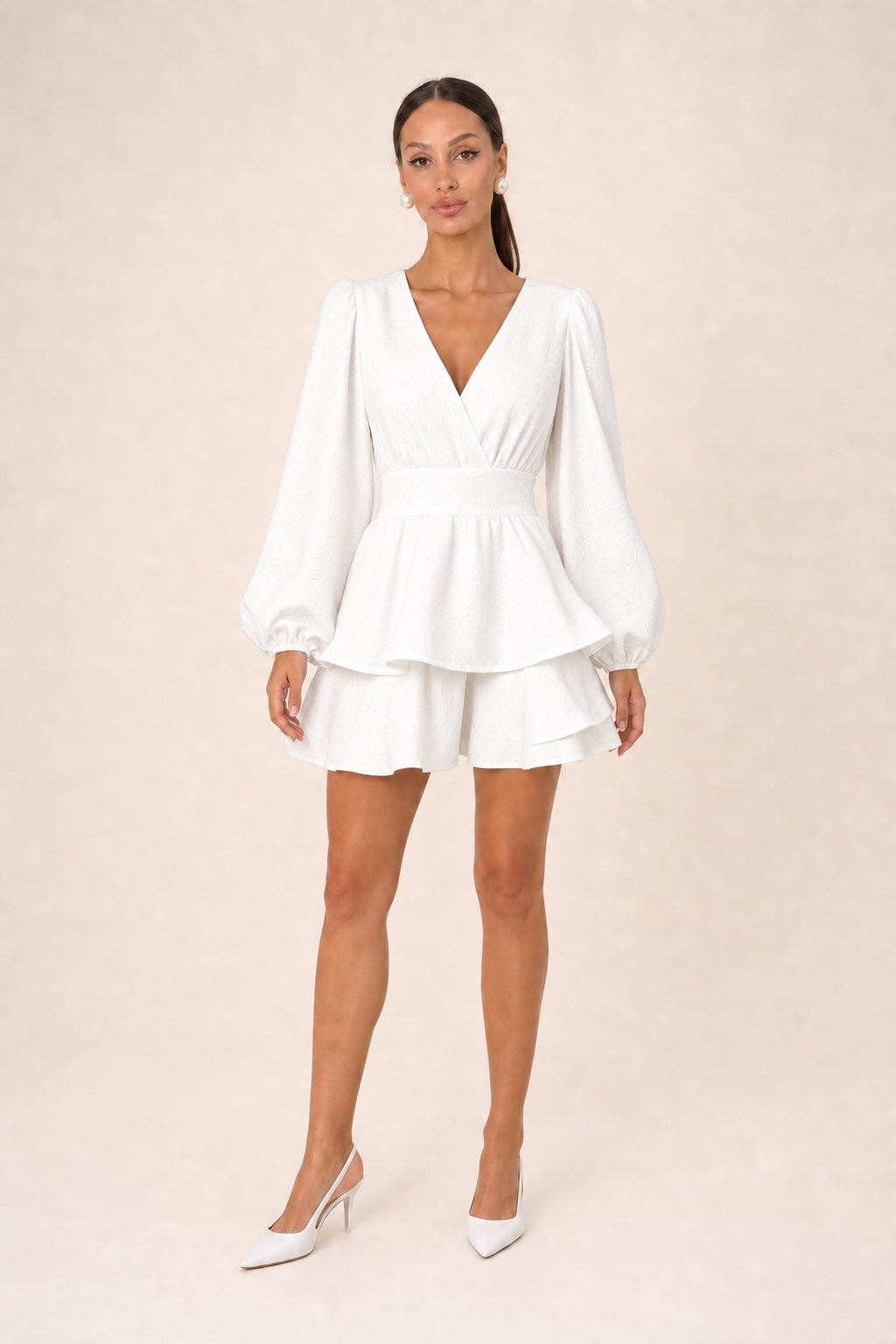Madison floral balloon-sleeve ruffle mini dress in White - variant view
