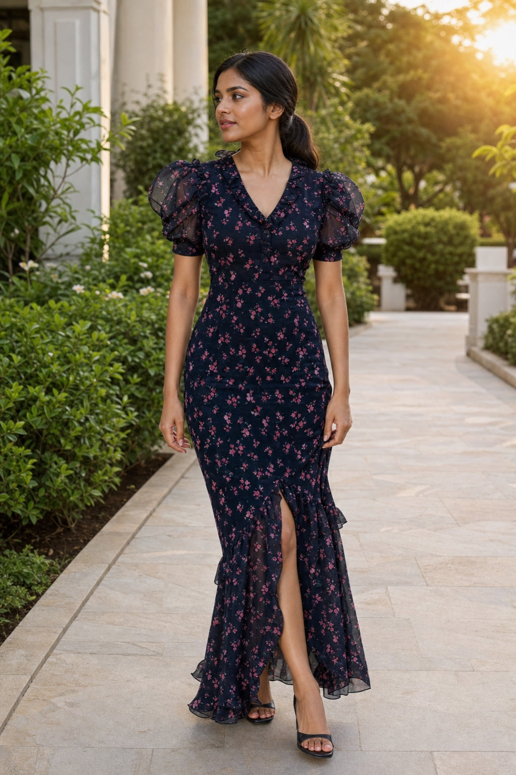 Ella red-flower navy puff-sleeve mermaid dress - garden lifestyle
