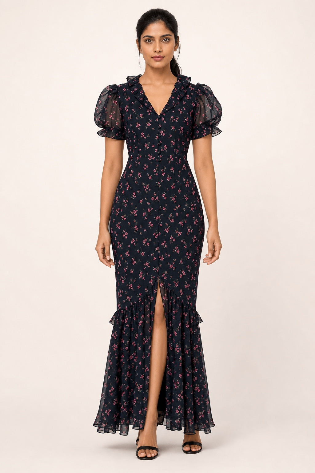 Ella red-flower navy puff-sleeve mermaid dress - studio front view