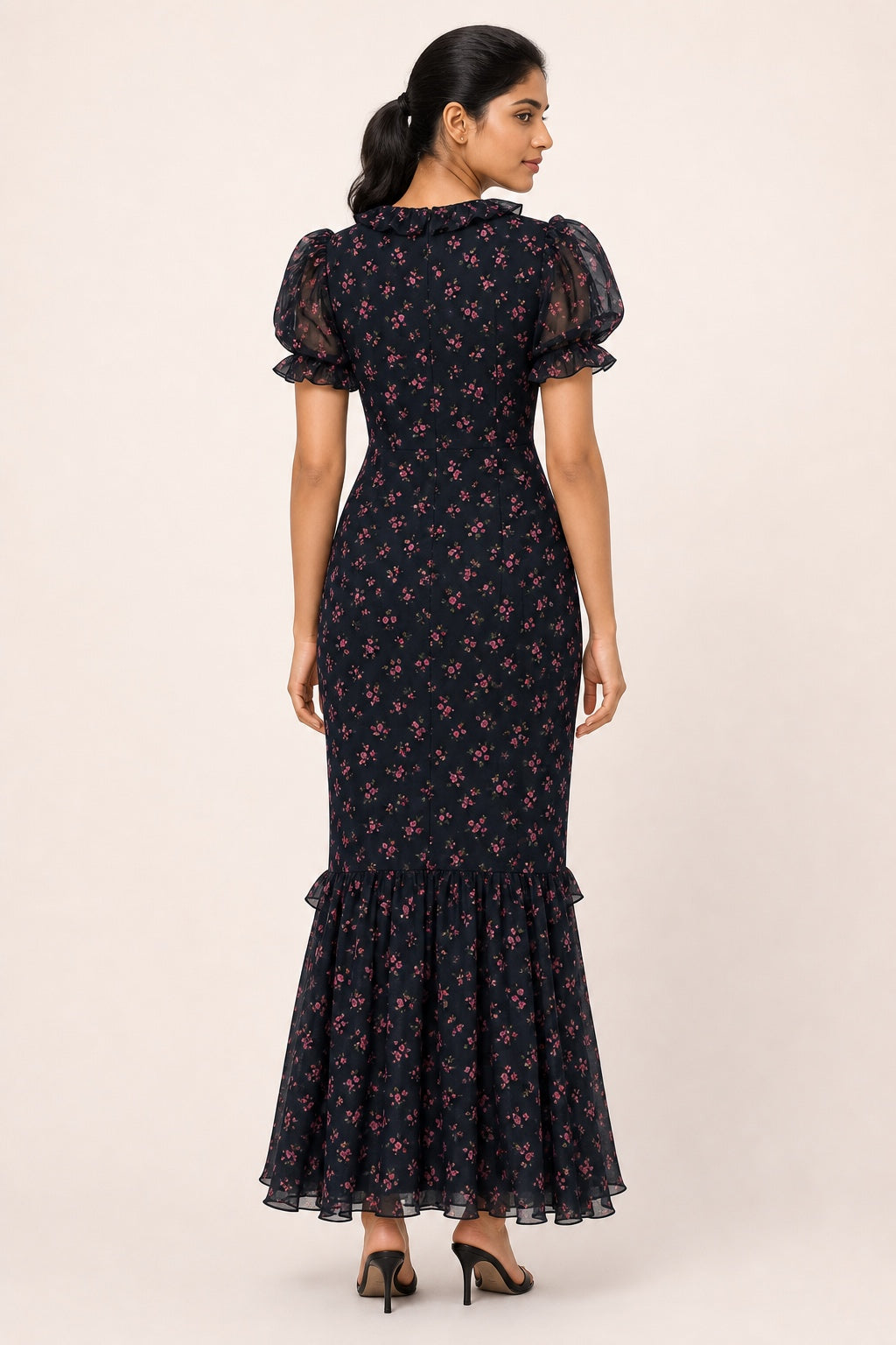 Ella red-flower navy puff-sleeve mermaid dress - covered back view