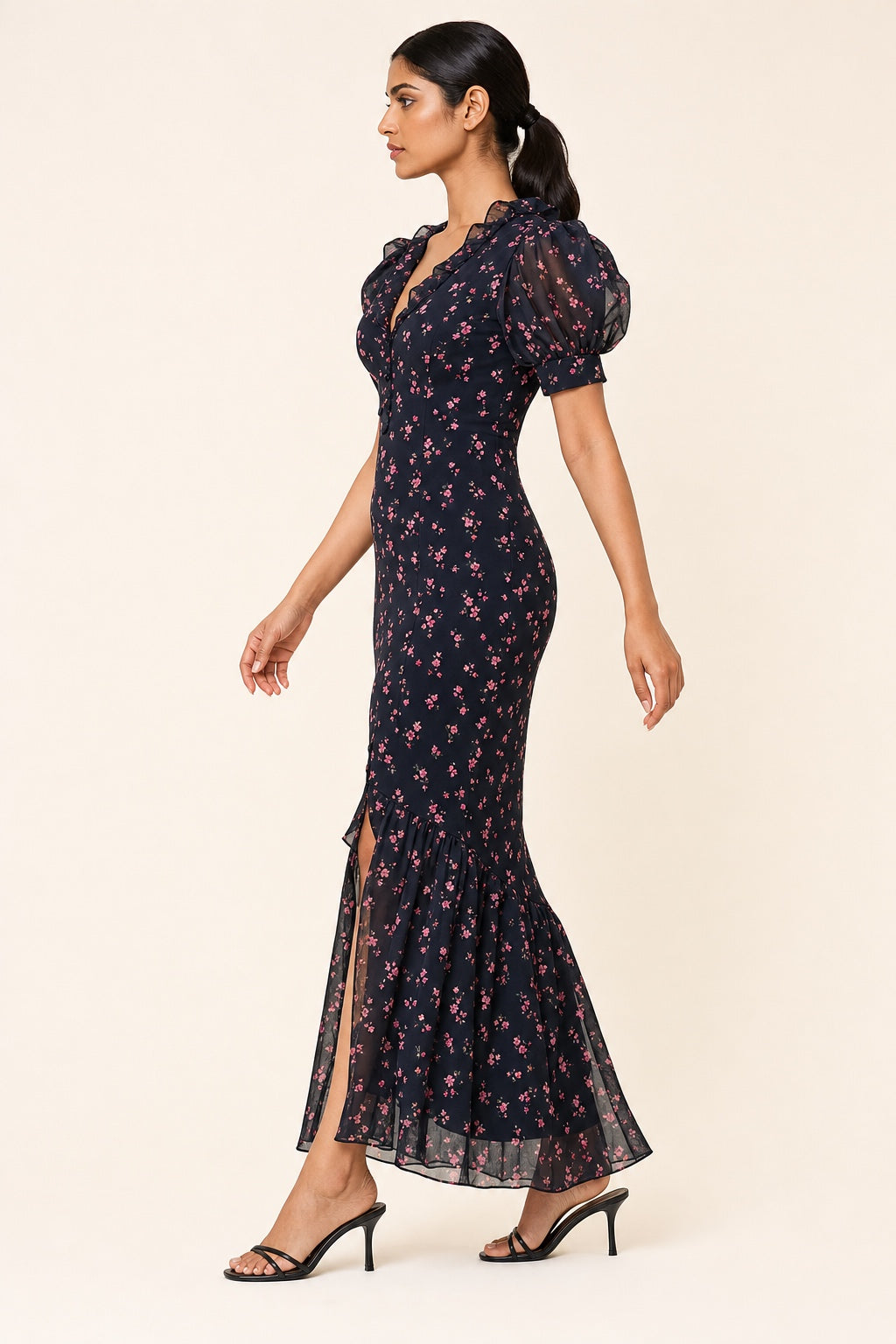 Ella red-flower navy puff-sleeve mermaid dress - studio side view