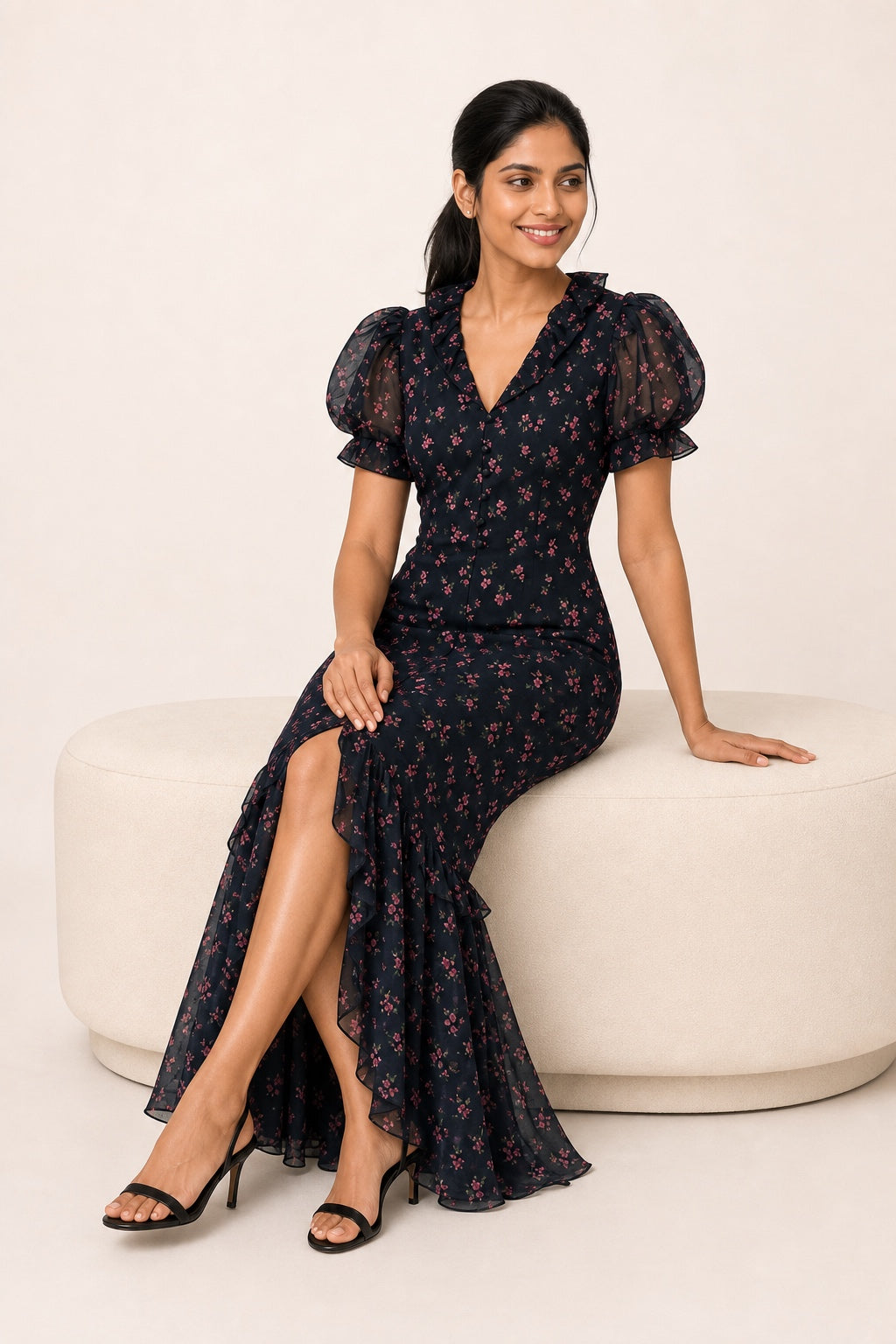 Ella red-flower navy puff-sleeve mermaid dress - seated studio view