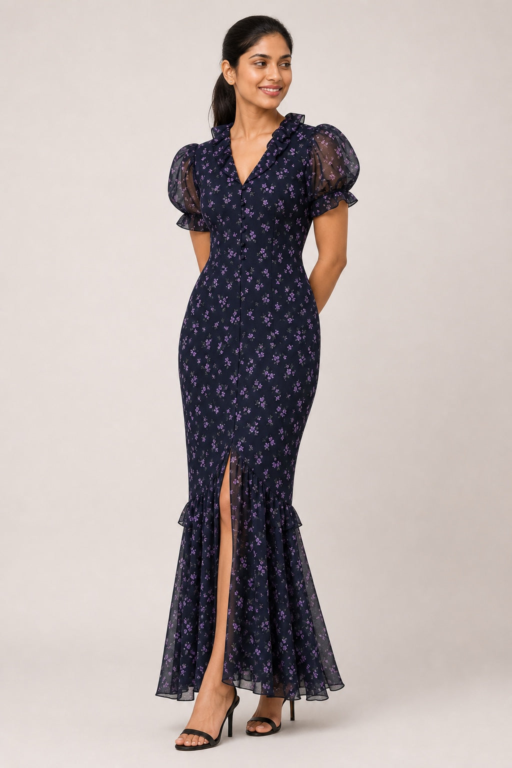 Ella floral puff-sleeve mermaid dress in Purple flower