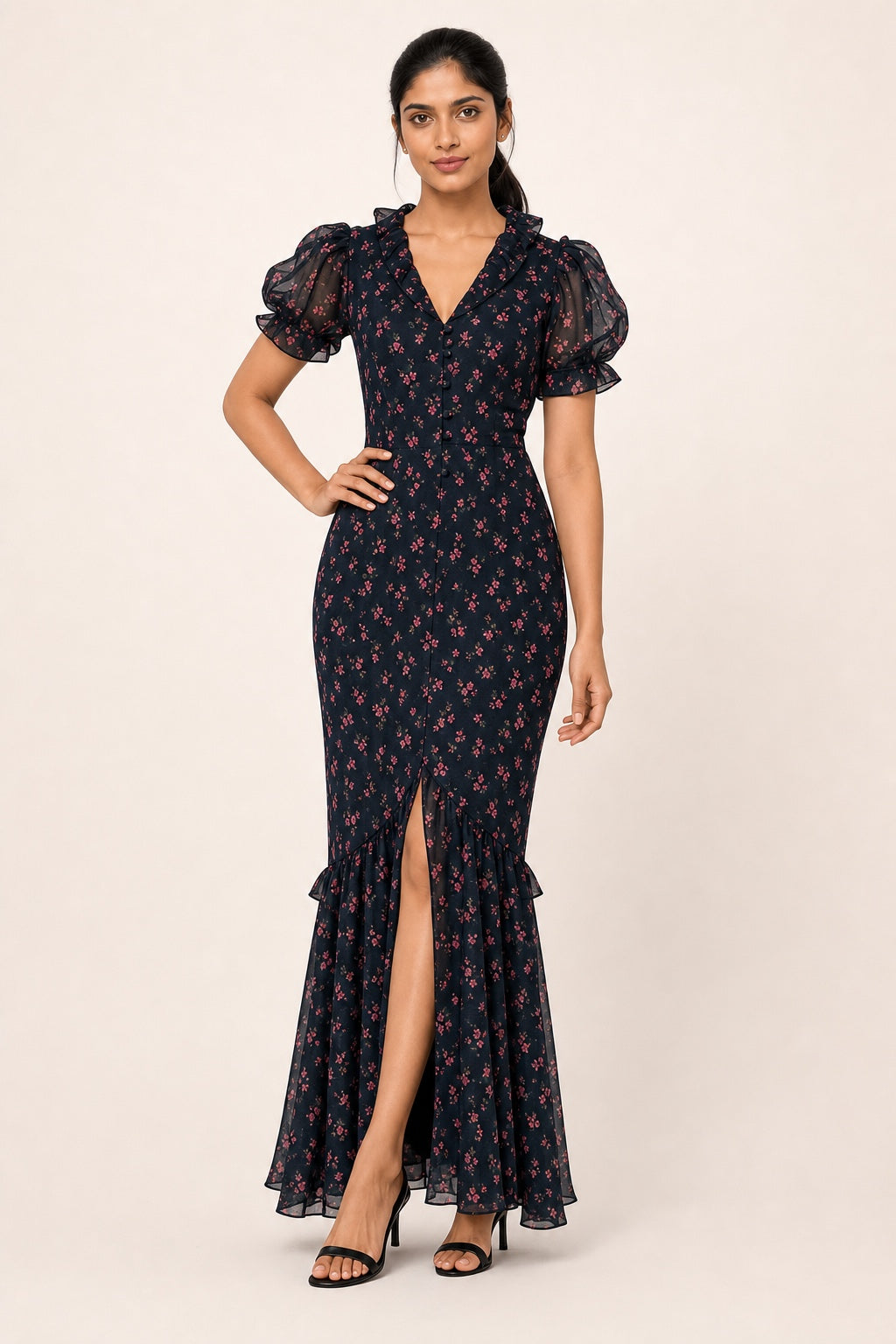 Ella floral puff-sleeve mermaid dress in Red flower