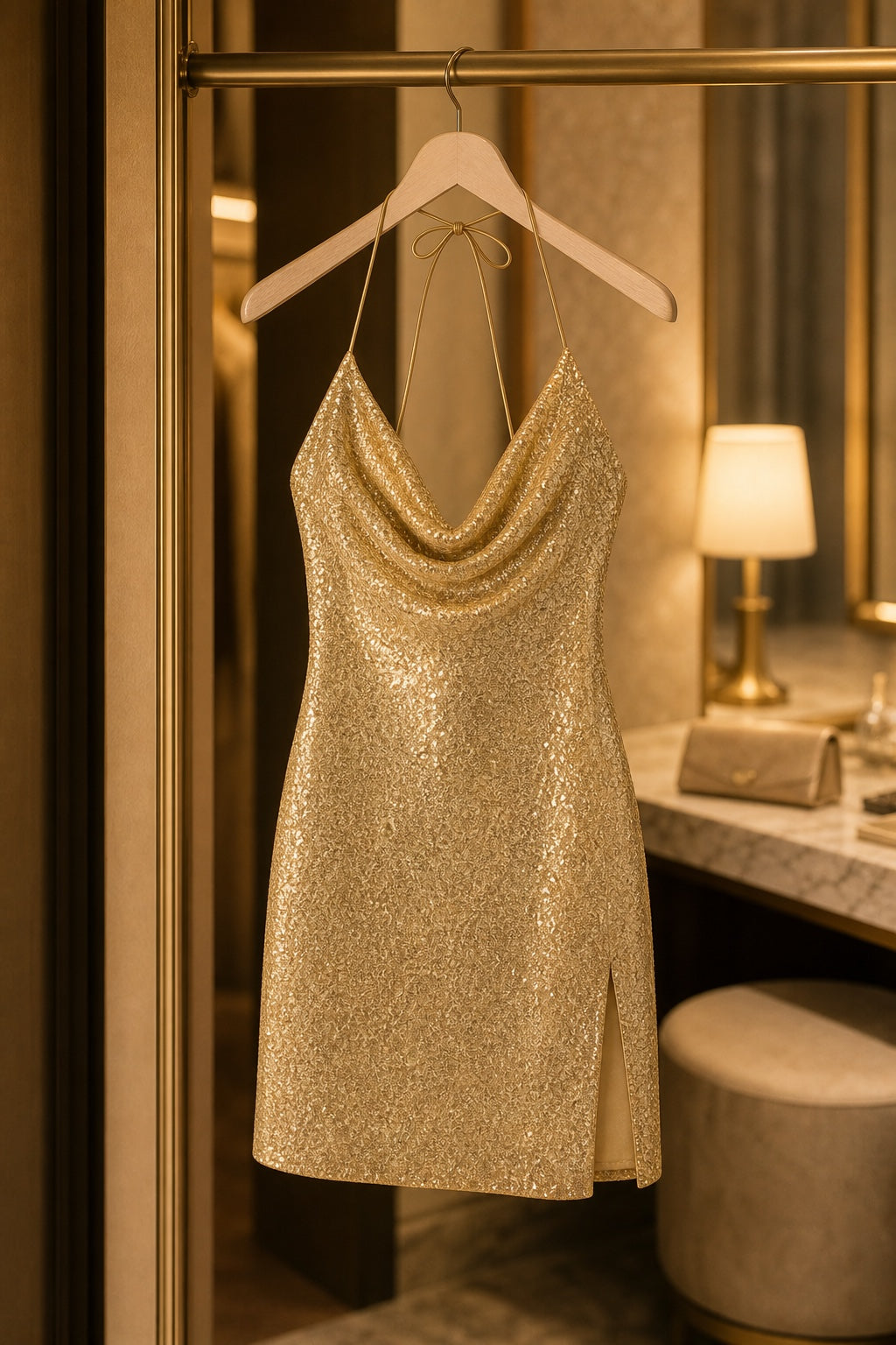 Emma champagne-gold sequin halter mini dress - hotel dressing room lifestyle